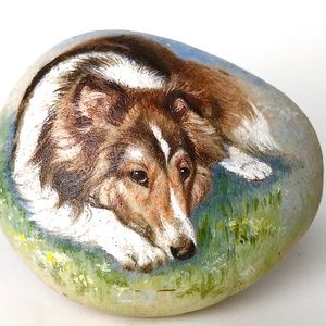 Handpainted rock border collie dog paperweight